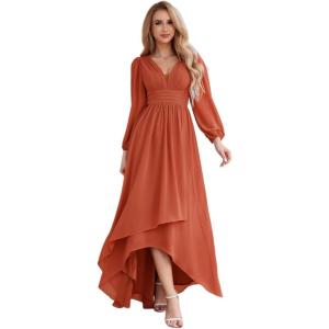 imageEverPretty Womens Fall Elegant A Line V Neck Ruched High Low Long Sleeve Formal Wedding Guest Dresses 2043Burnt Orange