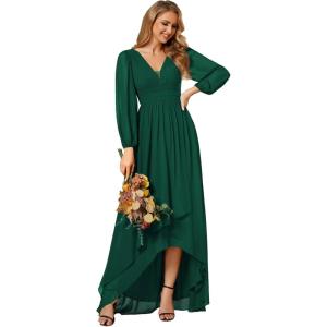 imageEverPretty Womens Fall Elegant A Line V Neck Ruched High Low Long Sleeve Formal Wedding Guest Dresses 2043Dark Green