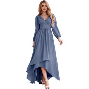 imageEverPretty Womens Fall Elegant A Line V Neck Ruched High Low Long Sleeve Formal Wedding Guest Dresses 2043Dusty Navy