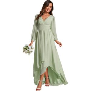 imageEverPretty Womens Fall Elegant A Line V Neck Ruched High Low Long Sleeve Formal Wedding Guest Dresses 2043Mint Green