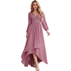 imageEverPretty Womens Fall Elegant A Line V Neck Ruched High Low Long Sleeve Formal Wedding Guest Dresses 2043Orchid