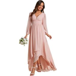 imageEverPretty Womens Fall Elegant A Line V Neck Ruched High Low Long Sleeve Formal Wedding Guest Dresses 2043Pink