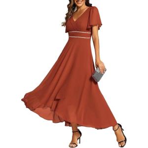 imageEverPretty Womens Formal Dress V Neck Ruffles Sleeves Empire Waist A Line Pleated Chiffon Evening Dresses 41981Burnt Orange