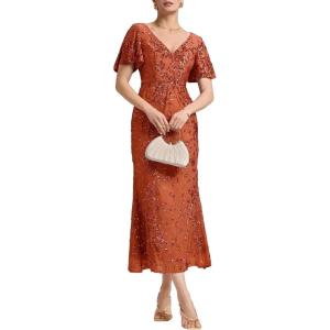 imageEverPretty Womens Gorgeous V Neck Sequin Tulle Short Sleeves Bodycon Maxi Formal Evening Gowns 02370Burnt Orange