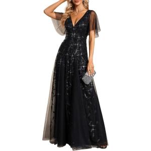 imageEverPretty Womens Sequin Sparkly VNeck Short Sleeve ALine Floor Length Formal Evening DressBlack