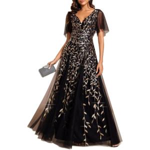 imageEverPretty Womens Sequin Sparkly VNeck Short Sleeve ALine Floor Length Formal Evening DressBlack Gold