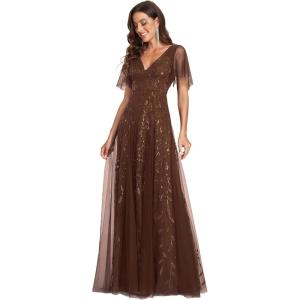 imageEverPretty Womens Sequin Sparkly VNeck Short Sleeve ALine Floor Length Formal Evening DressBrown
