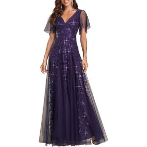 imageEverPretty Womens Sequin Sparkly VNeck Short Sleeve ALine Floor Length Formal Evening DressDeep Purple