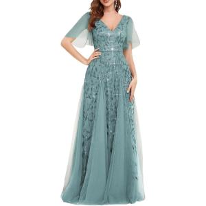 imageEverPretty Womens Sequin Sparkly VNeck Short Sleeve ALine Floor Length Formal Evening DressDusty Blue