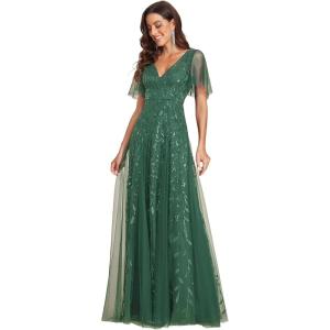 imageEverPretty Womens Sequin Sparkly VNeck Short Sleeve ALine Floor Length Formal Evening DressEucalyptus