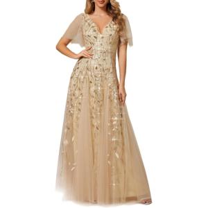 imageEverPretty Womens Sequin Sparkly VNeck Short Sleeve ALine Floor Length Formal Evening DressGold