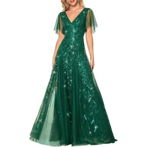 imageEverPretty Womens Sequin Sparkly VNeck Short Sleeve ALine Floor Length Formal Evening DressGreen