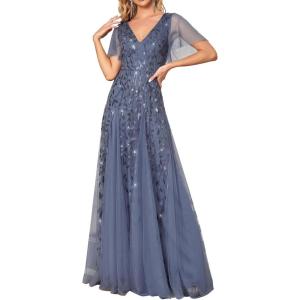 imageEverPretty Womens Sequin Sparkly VNeck Short Sleeve ALine Floor Length Formal Evening DressHaze Blue