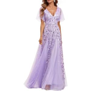 imageEverPretty Womens Sequin Sparkly VNeck Short Sleeve ALine Floor Length Formal Evening DressLavender