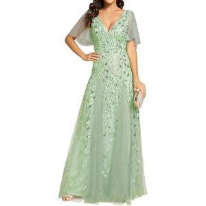 imageEverPretty Womens Sequin Sparkly VNeck Short Sleeve ALine Floor Length Formal Evening DressMint Green