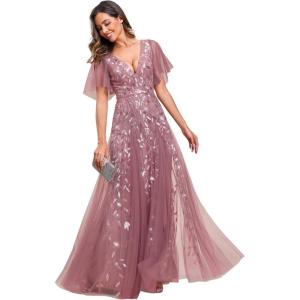 imageEverPretty Womens Sequin Sparkly VNeck Short Sleeve ALine Floor Length Formal Evening DressOrchid