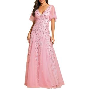 imageEverPretty Womens Sequin Sparkly VNeck Short Sleeve ALine Floor Length Formal Evening DressPink