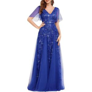 imageEverPretty Womens Sequin Sparkly VNeck Short Sleeve ALine Floor Length Formal Evening DressSapphire Blue
