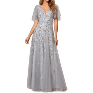 imageEverPretty Womens Sequin Sparkly VNeck Short Sleeve ALine Floor Length Formal Evening DressSilver