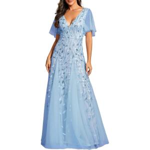 imageEverPretty Womens Sequin Sparkly VNeck Short Sleeve ALine Floor Length Formal Evening DressSky Blue