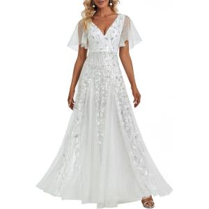 imageEverPretty Womens Sequin Sparkly VNeck Short Sleeve ALine Floor Length Formal Evening DressWhite