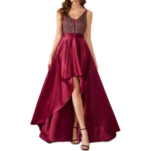 imageEverPretty Womens Sexy VNeck Aline HighLow Backless Sequin Wedding Guest Dress 00667Burgundy
