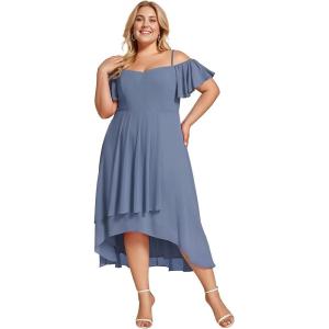 imageEverPretty Womens Summer Cold Shoulder HiLo Asymmetrical Hem Flowy Chiffon Short Wedding Guest Dress 02103Dusty Navy