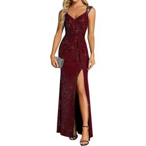 imageEverPretty Womens V Neck Stretchy Glitter Bodycon Sleeveless High Split Formal Wedding Guest DressesBurgundy