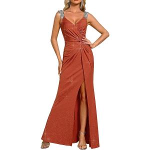 imageEverPretty Womens V Neck Stretchy Glitter Bodycon Sleeveless High Split Formal Wedding Guest DressesBurnt Orange