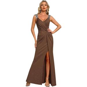 imageEverPretty Womens V Neck Stretchy Glitter Bodycon Sleeveless High Split Formal Wedding Guest DressesCoffee