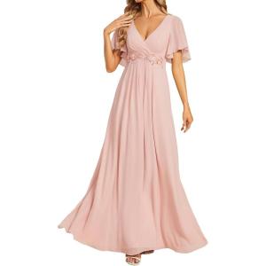 imageEverPretty Womens VNeck Flutter Sleeve Long Chiffon ALine Appliqued Waist Bridesmaid DressPink