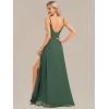 imageEverPretty Womens Sexy Spaghetti Straps Chiffon Ruched VNeck Slit FloorLength Formal DressEucalyptus Green