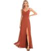 imageEverPretty Womens Sexy Spaghetti Straps Chiffon Ruched VNeck Slit FloorLength Formal DressBurnt Orange