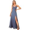 imageEverPretty Womens Sexy Spaghetti Straps Chiffon Ruched VNeck Slit FloorLength Formal DressDusty Blue