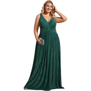 imageEverPretty Womens Glitter Sleeveless V Neck ALine Pleated Waist Evening Gowns 02133Dark Green