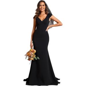 imageEverPretty Womens Sleeveless VNeck Open Back Lace Simple Mermaid Sweep Train Wedding Dress 0171ABlack
