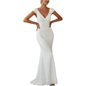 imageEverPretty Womens Sleeveless VNeck Open Back Lace Simple Mermaid Sweep Train Wedding Dress 0171AWhite