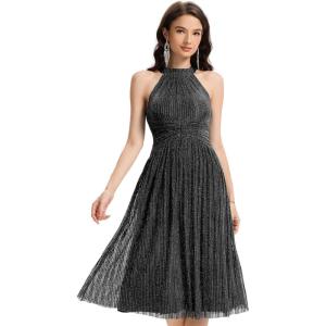 imageEverPretty Womens Summer Halter Sleeveless Pletaed Midi Glitter Formal Evening Gowns 41962Black