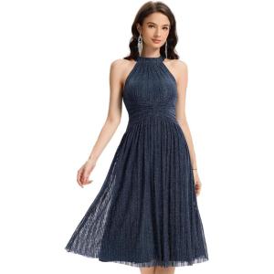 imageEverPretty Womens Summer Halter Sleeveless Pletaed Midi Glitter Formal Evening Gowns 41962Navy Blue