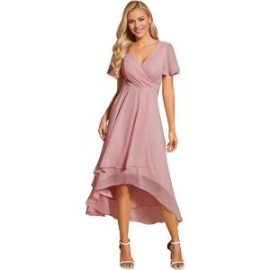imageEverPretty Womens Chiffon Formal Dresses V Neck Ruffle Sleeves Pleated High Low Summer Wedding Guest DressDusty Rose