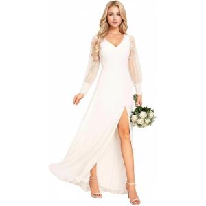 imageEverPretty Womens V Neck Chiffon Embroidered Tulle Long Sleeves Slit Maxi Wedding DressesWhite