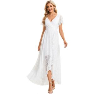 imageEverPretty Womens V Neck Lace Pleated Short Sleeves HiLo Maxi Casual Bridal Dress 01489PHWhite