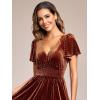 imageEverPretty Womens Fall V Neck Short Sleeves A Line Elastic Waist Midi Length Velvet Wedding Guest Dress 01939Caramel
