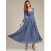 imageEverPretty Womens Square Neck Pleated Long Sleeve Chiffon ALine Maxi Fall Wedding Guest Dress 02522Dusty Blue