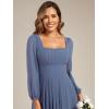 imageEverPretty Womens Square Neck Pleated Long Sleeve Chiffon ALine Maxi Fall Wedding Guest Dress 02522Dusty Blue