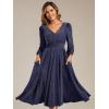 imageEverPretty Womens VNeck Fall Long Sleeve Glitter Midi ALine Formal Wedding Guest Dresses with Pocket 02523Navy Blue