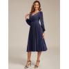 imageEverPretty Womens VNeck Fall Long Sleeve Glitter Midi ALine Formal Wedding Guest Dresses with Pocket 02523Navy Blue