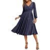 imageEverPretty Womens VNeck Fall Long Sleeve Glitter Midi ALine Formal Wedding Guest Dresses with Pocket 02523Navy Blue