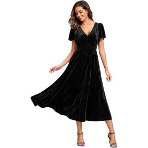 imageEverPretty Womens Fall V Neck Short Sleeves A Line Elastic Waist Midi Length Velvet Wedding Guest Dress 01939Black