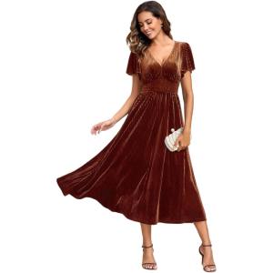 imageEverPretty Womens Fall V Neck Short Sleeves A Line Elastic Waist Midi Length Velvet Wedding Guest Dress 01939Caramel